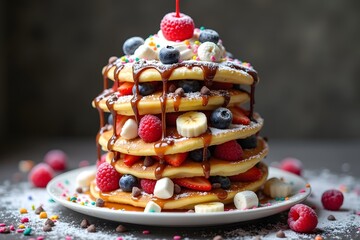 Delicious stack of pancakes with various fruits chocolate syrup and whipped cream breakfast dessert