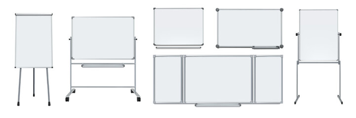 Presentation board. Office whiteboard. 3D school study workshop or education item. Class screen. Chalkboard on wall or tripod. Magnetic noticeboard. Vector isolated white blackboards set