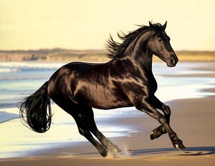 Majestic Black Horse Galloping on a Sandy Beach