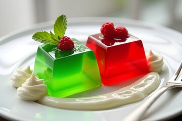 Vibrant green and red jellies with raspberries whipped cream and fresh mint on plate