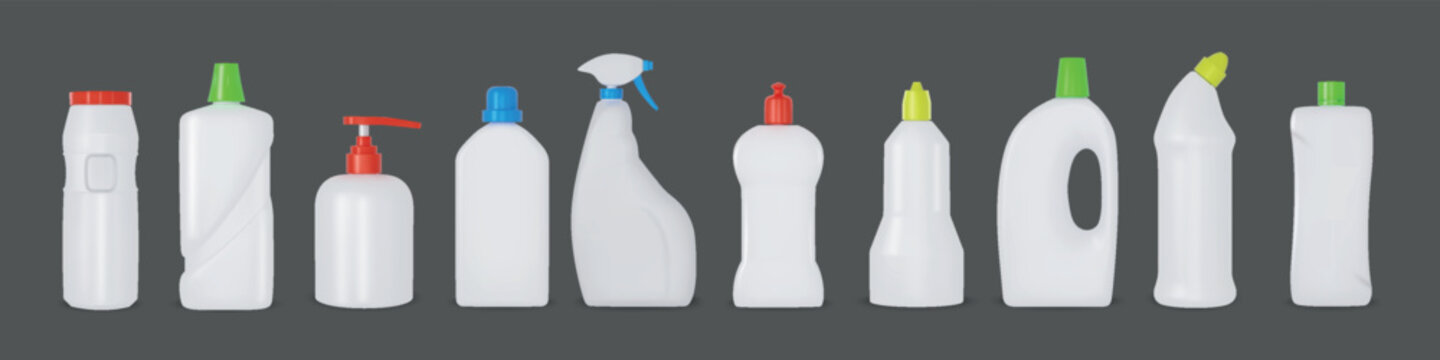 Cleaner bottle. Cleaning detergent container. Realistic bathroom package. Disinfectant pack. Housekeeping soap. Dish wash and sprayer. Laundry cleanser packaging. Vector 3D mockups set