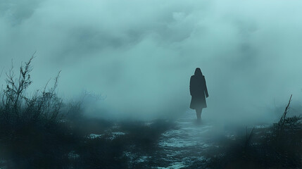 A woman walks alone through a misty landscape.