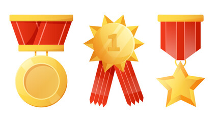 Golden winner prize. Gold medals on red ribbons. Prize trophy reward in sport or business competition. Guarantee certificate emblem. Premium quality. Vector cartoon isolated illustration
