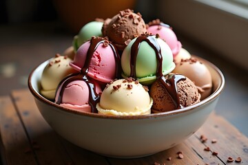Delicious assortment of colorful ice cream scoops in a bowl drizzled with chocolate sauce