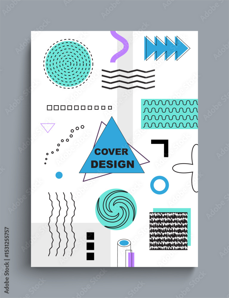 Aufkleber Geometric cover design. Abstract poster. Memphis style banner. Frame with copy space. Contemporary minimalistic composition with figures. Minimal modern background. Vector illustration