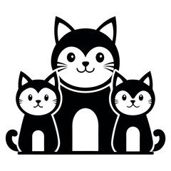 Cute Cat Family Vector Icon - Black and White Mother Cat with Kittens Clipart Illustration