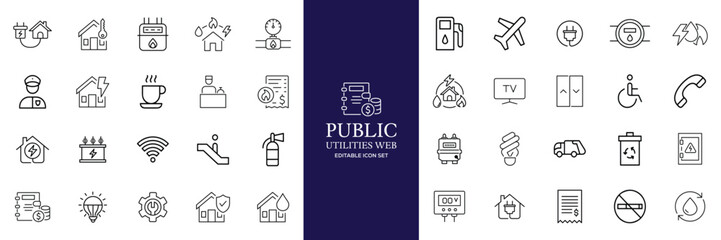 Public utilities web icons line set. Public Utilities Water, Fuel, Electricity, gas, garage, Solar House, Rent receipt, Maintainence, and More vector illustration