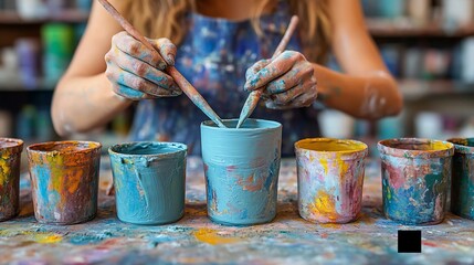 Woman painting pottery cups
