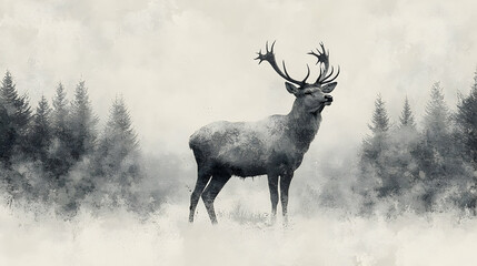 Majestic stag in a misty forest scene.