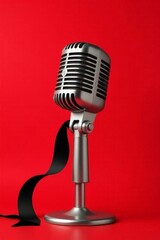 Vintage Microphone Against Red Background Studio Shot