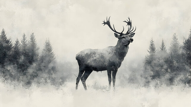 Majestic stag in a misty forest scene.