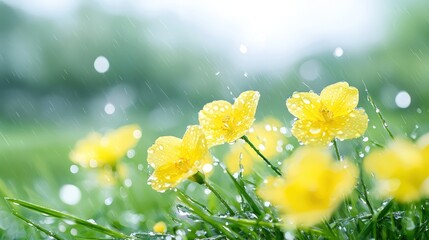 Yellow Flowers in a Rain-Soaked Meadow