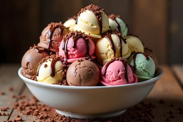 A delicious pile of ice cream scoops with chocolate sauce and crumbs in a bowl