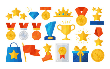 Award icon. Trophy prize, win medal or reward winner symbol. Honor, victory first place cup, best success emblem. Tournament and sport competition goblet. Vector flat isolated set