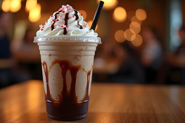 Delicious coffee frappe with whipped cream and chocolate syrup ready to enjoy.