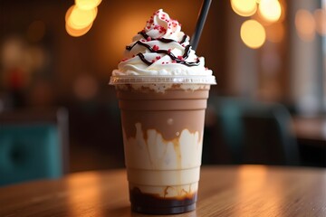 Delicious layered milkshake with whipped cream and chocolate syrup on a wooden table setting