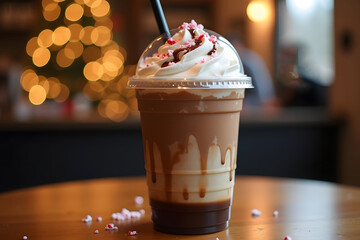 Delicious peppermint mocha frappe with whipped cream and crushed candy on a wooden table