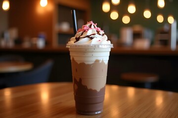 Delicious layered chocolate coffee drink topped with whipped cream and sprinkles on wooden table