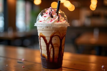 Delicious iced coffee beverage topped with whipped cream and chocolate syrup served in a plastic cup.