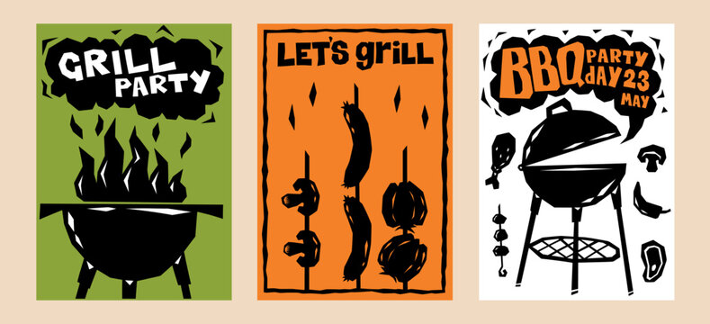 Barbeque party. BBQ grill invite flyer. Vintage cookout banner with fire flame. Summer picnic. Meat steak and vegetable roasting. Silhouette barbecue and cook. Vector event posters set