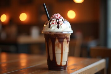 Delicious chocolate milkshake with whipped cream and sprinkles in a cafe setting
