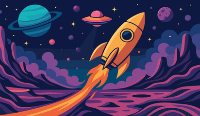 Vector Space Background with Rocket Takeoff, UFO and Planetary Rings © muhamad