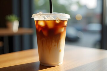 Delicious iced coffee beverage with milk in a plastic cup served on a wooden table