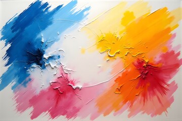 Abstract oil painting with bold brushstrokes of colorful hues across a white canvas.