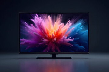 Modern smart tv displaying vibrant abstract colorful explosion on dark background