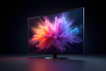 Modern television displaying a burst of colorful abstract smoke against a dark background