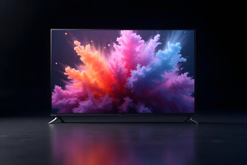 Modern television displaying vibrant colorful explosion against dark background with reflections