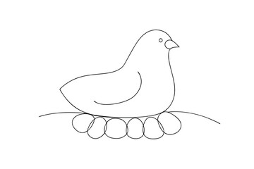 Simple line drawing of a hen sitting on eggs nest