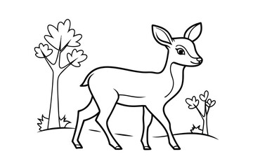 Cute line drawing of a fawn in a simple landscape