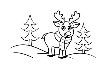 Adorable reindeer line drawing winter scene christmas coloring page
