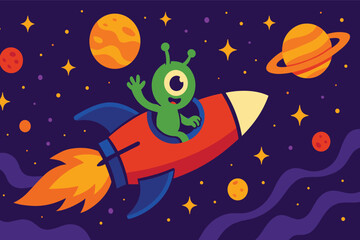 Obraz premium Retro Futuristic Space Rocket Launch with Alien Landscape Illustration