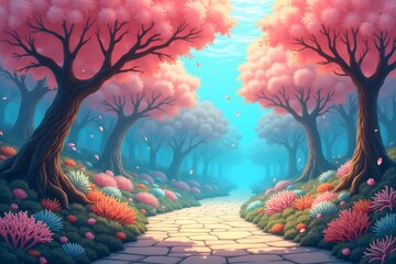 Enchanting pink blossom forest landscape with pathway leading through a dreamy scene