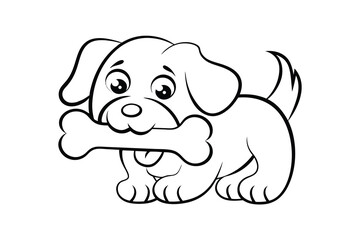Adorable line drawing of puppy holding bone