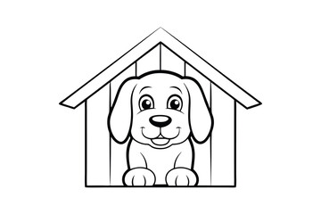 Adorable cartoon dog in its house line drawing