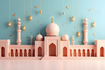 Festive celebration of eid with a beautiful mosque and elegant decorations