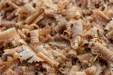 A heap of curly wood shavings; focus stacking macrophotography captured outside a carpenter's shop in the eastern Andean mountains of central Colombia, near the Iguaque natural reserve.