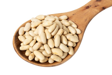 Close-up of a wooden spoon with raw cannellini beans cut out