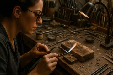 Jewelry designer using a blowtorch to solder a ring in her workshop, surrounded by tools and materials