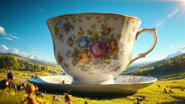 Giant teacup floral pattern fantasy landscape