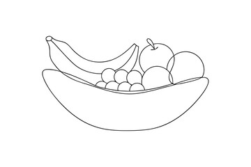 Line drawing of fruit bowl with bananas apples and grapes