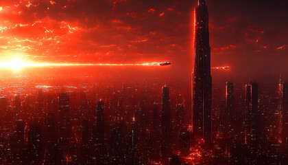 Futuristic cityscape at dusk, bathed in red light, tall buildings, and distant vehicles moving towards the horizon
