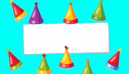 Fototapeta premium Birthday-Party-Hats-Cartoon-Illustration-with-Blank-White-Card-for-Message-Greeting-Background-Celebration-Holiday-Decorations-Colorful-Stars-Fun-Festive