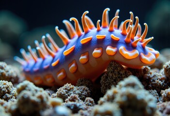 Obraz premium Close-up of a colorful nudibranch sea slug crawling on coral reef
