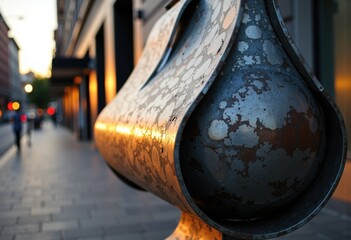 Close-up of a weathered metal sculpture with a reflective surface on an urban sidewalk
