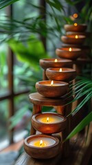 Wooden candle holders in a cascading arrangement