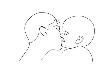 One line drawing parent kissing baby tenderly